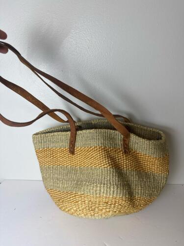 Vintage Handwoven Sisal Tote Bag, Leather Straps