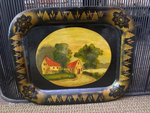 14: x 11.5" Vintage Hand-Painted Toleware Tin Tray