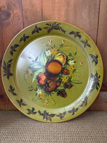 19" Vintage Hand-Painted Metal Tray by L. Cole