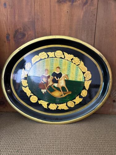 25.5" x 20.5" Vintage Hand-Painted Tole Tray with Victorian Children & Rocking Horse