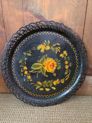 15" Vintage Hand-Painted Toleware Metal Tray