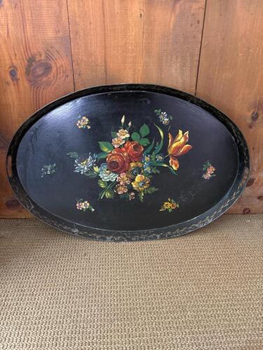 28.5" x 19" Vintage French Hand-Painted Toleware Tray