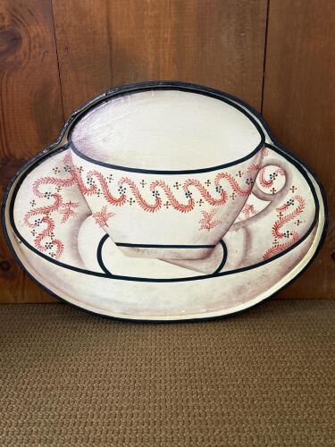 Vintage Hand-Painted Toleware Wooden Tray &ndash; Teacup and Saucer Design with Floral Motifs