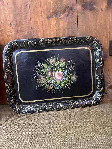 28" x 20.5" Vintage Hand-Painted Toleware Metal Tray