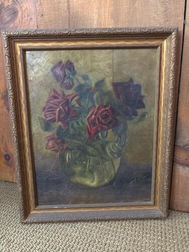 14" x 17" Antique Framed Floral Oil Painting on Canvas