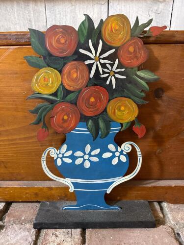 Nancy Thomas 2000 Signed Hand-Painted Wooden Folk Art Blue Vase Flower Sculpture