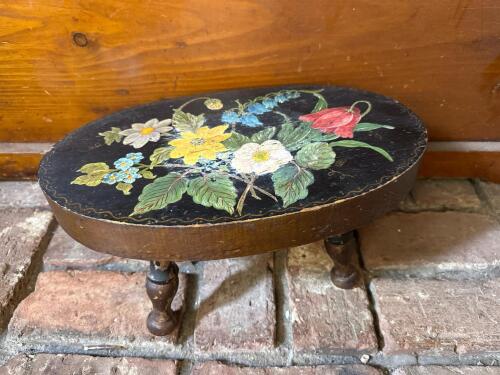 Victorian Hand-Painted Floral Wooden Footstool