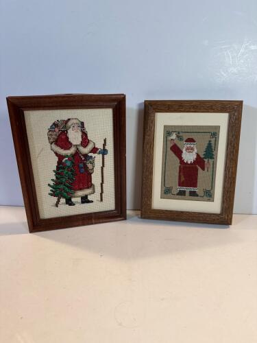 Small Framed Stitched Santa Cross Stitch Art, Set of 2