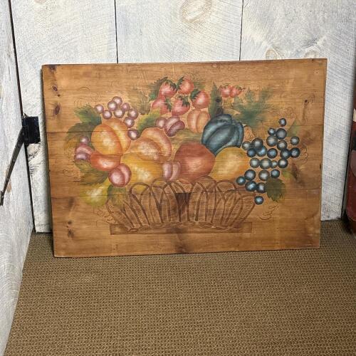Vintage Hand-Painted Wooden Wall Plaque with Fruit Basket Motif