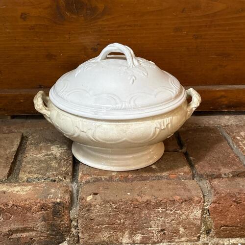 Vintage White Ceramic Soup Tureen with Lid with Ornate Handles