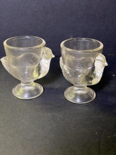 Vintage French Pressed Glass Bird Egg Cups &ndash; Pair, Clear Glass
