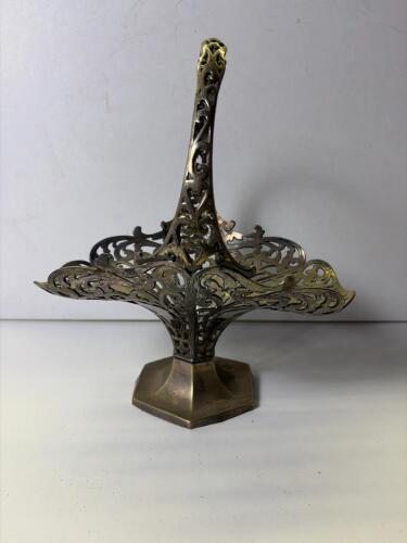 Ornate Victorian Silver Plate Basket, Pierced Design, Handle, Hexagonal Base,