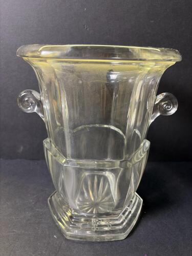 Large Heavy Pressed Glass Ice Bucket/Vase, Hexagonal Base, Dual Handles, Starburst Design