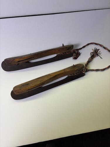 Antique Wooden Strap-On Ice Skates, Iron Blades, c. Late 19th/Early 20th Century