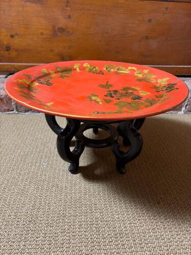 19.5" Hand-Painted Toleware Tray with Grapevine Motif and Wooden Stand