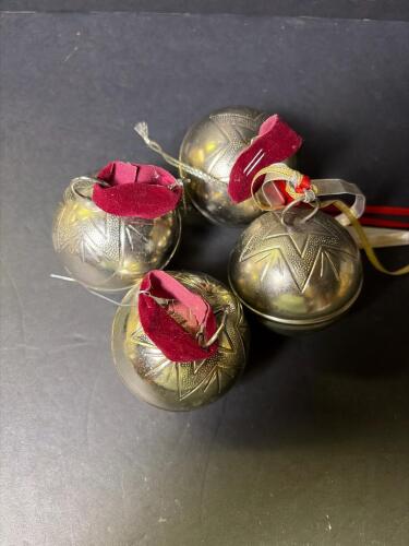 4 Metal Silver Tone Christmas Bells in Starburst Pattern with Ribbon Hangers