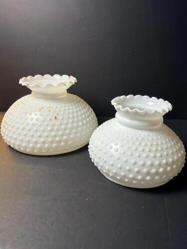 Vintage Pair Hobnail Whilte Milk Glass Lamp Shades with Ruffled Edge