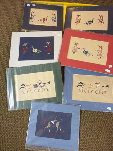 Various sized 5.7 & 7.5 x 12 Merilyn Markham Folk Art Papercut Matted Prints, Americana Motifs w/wooden board