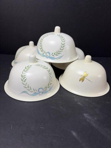 Set of 5 Vintage Hand-Painted Metal Food Dome Covers, Laurel Wreath & Gold Dragonfly