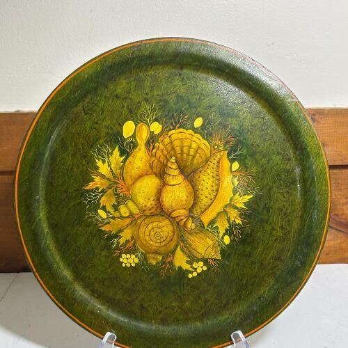 Hand-Painted Wooden Serving Tray with Seashell & Botanical Design