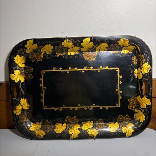 Vintage Hand-Painted Metal Serving Tray with Grapevine Motif