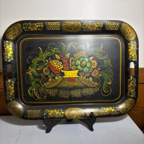 Large Vintage Hand-Painted Toleware Metal Serving Tray