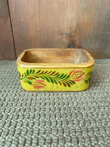 Vintage Hand-Painted Wooden Folk Art Bowl, Rectangular Floral Design