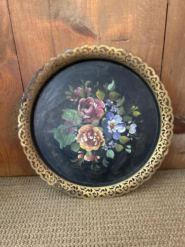 Vintage Nashco Hand-Painted Metal Tray, Black with Floral Design, Pierced Gold Edge