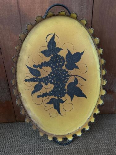 Vintage Metal Serving Tray with Yellow and Black Grapevine Design, Scalloped Edge