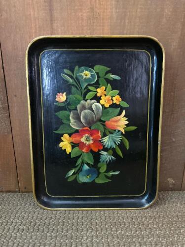 Vintage Hand-Painted Toleware Floral Metal Tray, Black Lacquered with Gold Trim