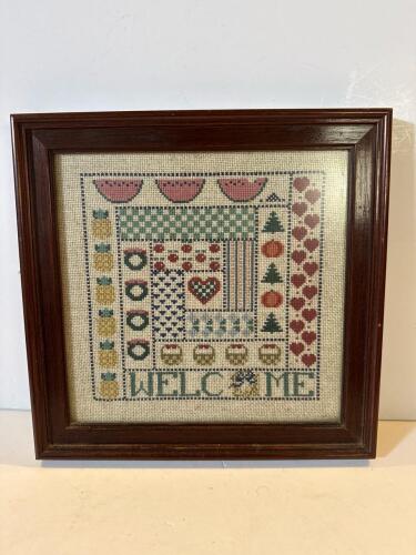 10"x10" Framed Cross-Stitch 'Welcome' Sampler with Folk-Art Motifs