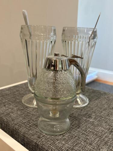 Vintage Fluted Soda Fountain Glasses & Honeycomb Glass Honey Dispenser