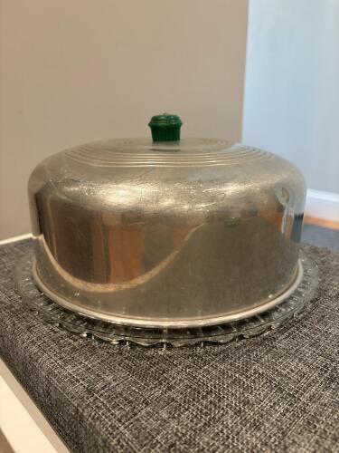 Vintage Aluminum Cake Cover with Green Knob & Pressed Glass Platter