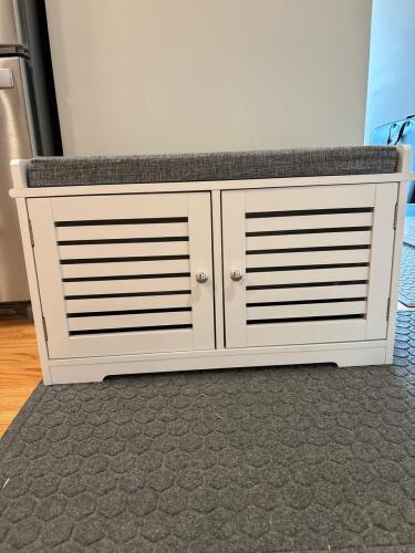 White Entryway Storage Bench with Grey Cushion