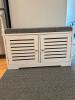 White Entryway Storage Bench with Grey Cushion