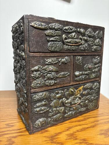 Japanese Wooden Chest with Mixed Metal Menuki Decoration,