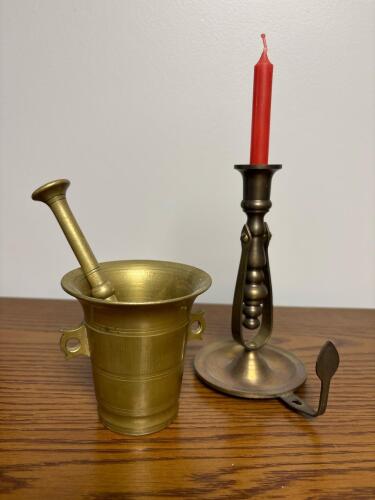 Vintage Brass Mortar & Pestle and Chamberstick Candle Holder Set