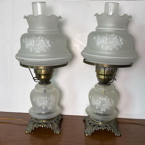 Two Vintage Electric Hurricane Table Lamps with Frosted Glass Floral Shades