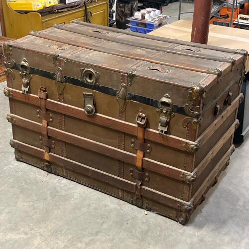 Large Antique Flat-Top Steamer Trunk