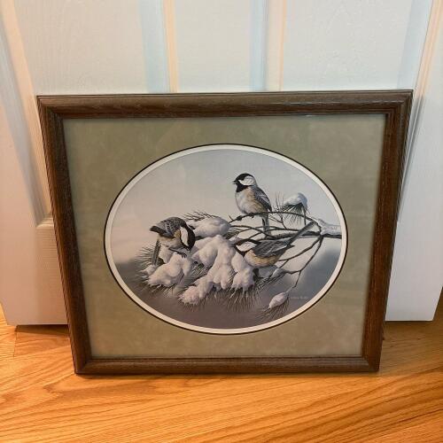 20&rdquo; x 18&rdquo; John Bald Signed Limited Edition Print 176/750 &ndash; Chickadees on Snow-Covered Pine Branch