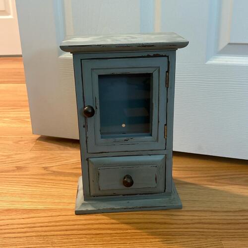 Vintage-Inspired Small Tabletop Wooden Cabinet - Distressed Blue