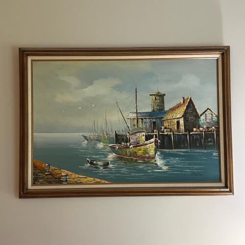 41&rdquo; x 29&rdquo; Large Signed Dillon Oil Painting - Harbor Scene