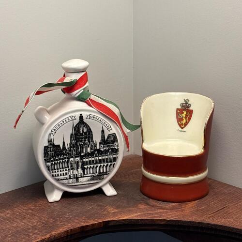 European Souvenir Ceramic Lot - Budapest Flask and Norway Chair Toothpick Holder