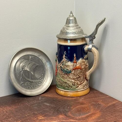 European Souvenir Lot - Pewter Viking Ship Plate and Lidded Beer Stein