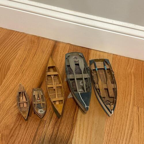 Collection of Five Small Decorative Wooden Rowboats and Canoes