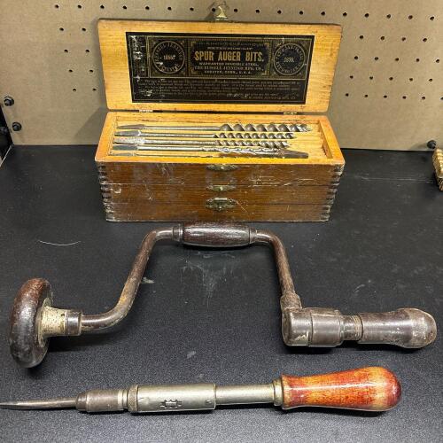 Vintage Woodworking Tool Lot - Russell Jennings Auger Bit Set, Brace and Spiral Push Screwdriver