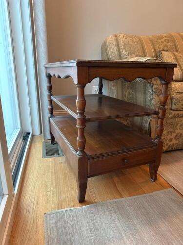 Vintage Wooden Side Table with Drawer and Shelves