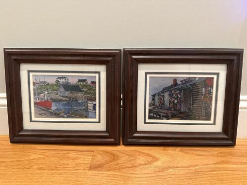 13" x 11" Framed Thelma Winter Art Prints Pair: "Fishing Village Nova Scotia" & "Lobster Buoys Maine"