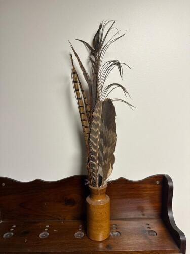 Vintage Stoneware Vase with Peacock & Pheasant Feather Arrangement