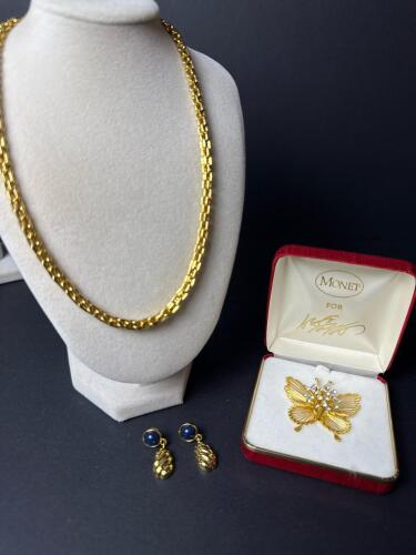Monet Gold-Tone Necklace, Dangle Earrings, and Butterfly Brooch
